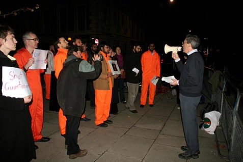David Harrold speaks at an evening vigil held outside the US Embassy, Grosvenor Square in Mayfair London on the day Americans vote for a new president, to call on them to hold their politicians to the commitments to close Guantánamo Bay down which were made during the presidential campaigning. The rally was organised by the London Guantánamo Campaign and supported by other liberty campaign groups. London, 4th November 2008